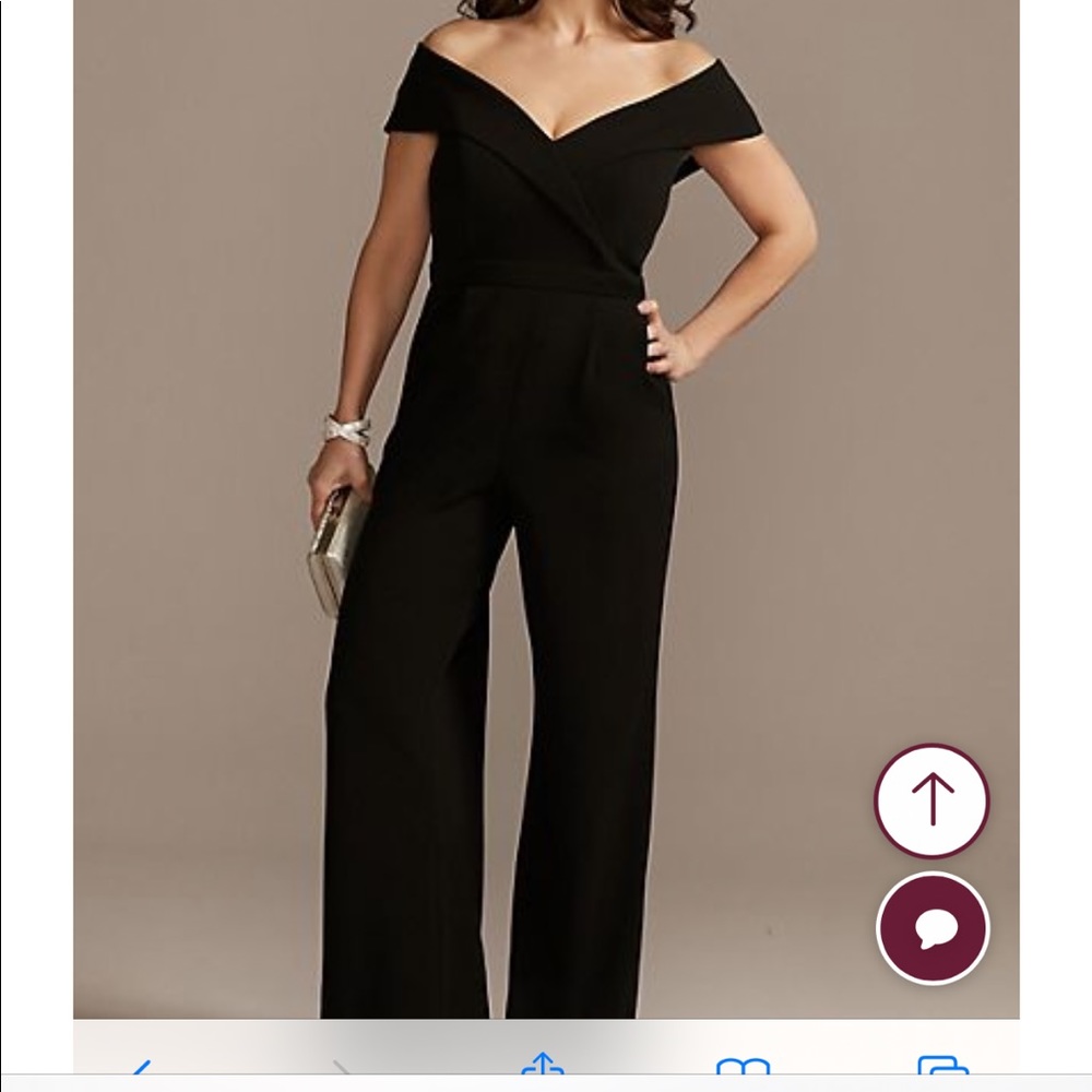 David’s bridal black crepe off shoulder jumpsuit.